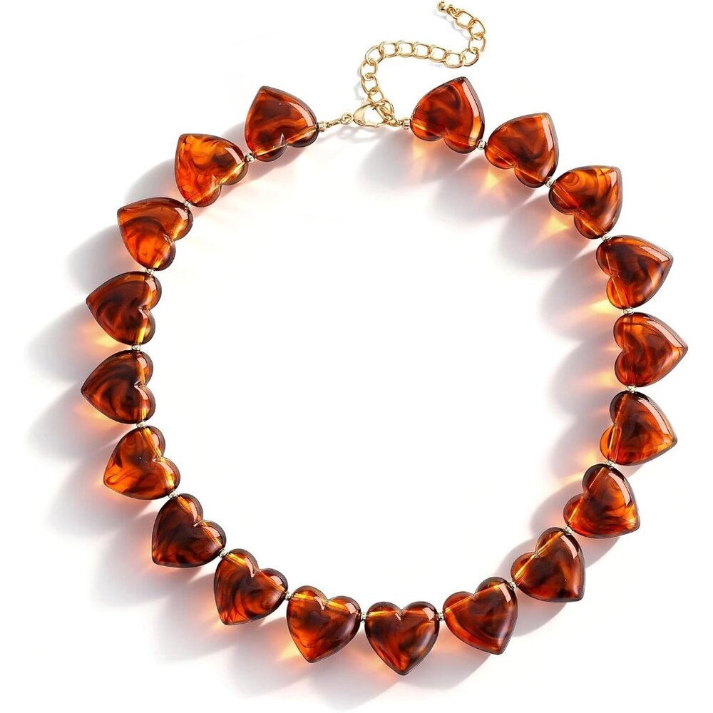 Women's Chunky Exaggerated Puff Heart Penadnt Acrylic Beaded Chain Necklace